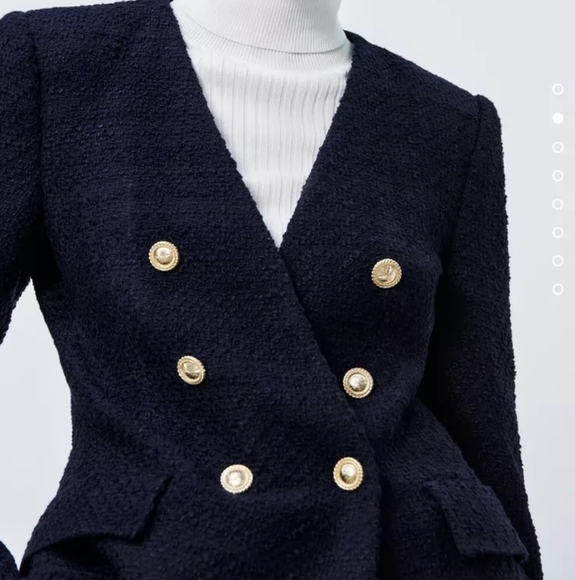 Zara Navy Lapelless Double-Breasted Blazer - Picture 2 of 8